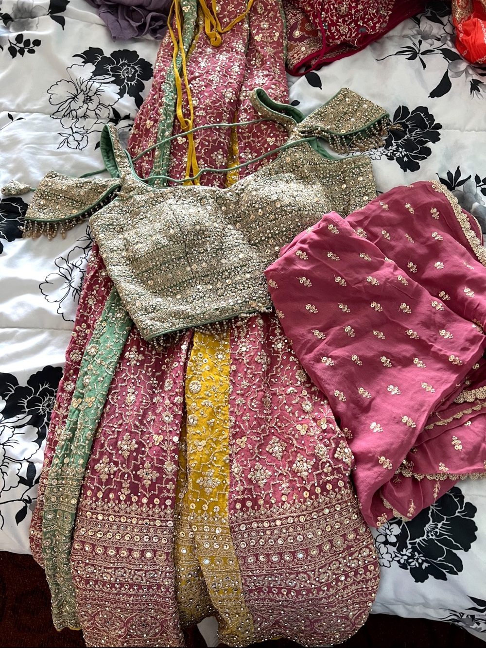 Embellished Pink and Yellow Palazzo Set with champagne Blouse